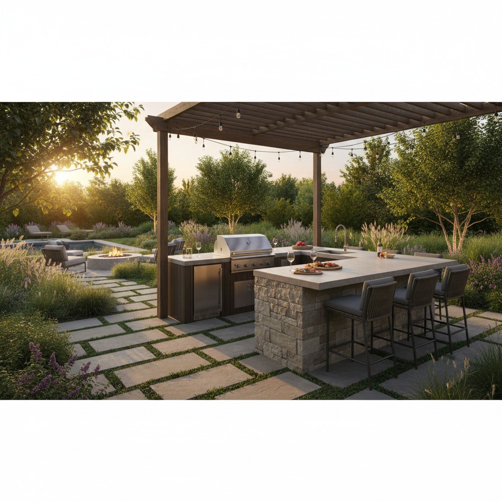 Outdoor kitchen with pergola and grill
